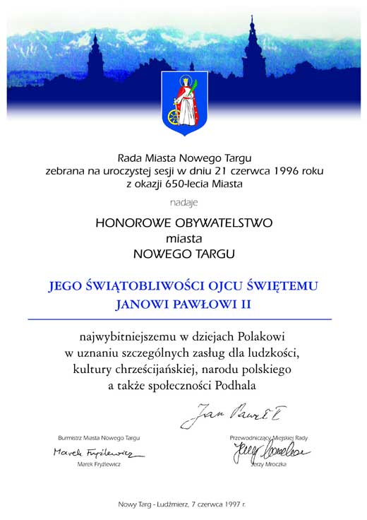 Dokument potwierdzający nadanie Honorowego Obywatelstwa Nowego Targu